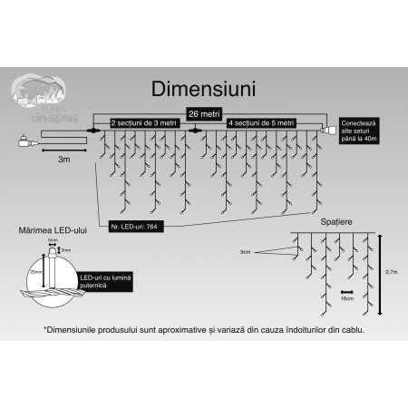 Instalatie Craciun, 40 m, 1144 Led-uri ,Franjuri, Rosu / Verde/ Albastru, Flash, Transformator, Interconectabila, Prelungitor 5 m inclus, Fir Alb, Flippy