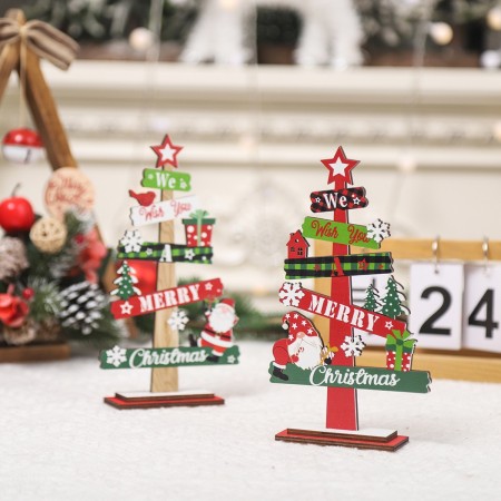 Decoratiune de Craciun din Lemn, Flippy, pentru Masa, Model Bradut, Scris We Wish You A Merry Christmas, 21.5x12.2x4 cm, Multicolor