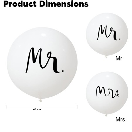 Set 2 Baloane din Latex, Flippy, Tip Jumbo, Model Mr si Mrs, Tema Nunta, 45 cm, Alb