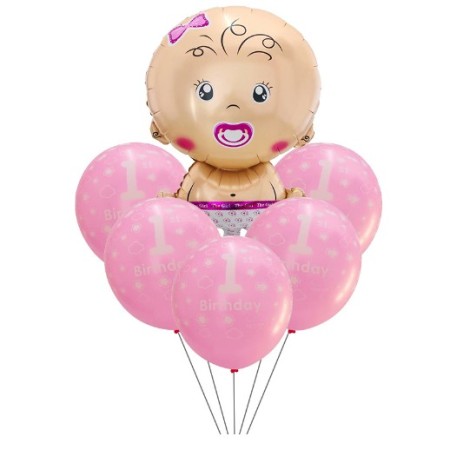 Set 4 baloane latex 1 Birthday, 1 balon folie baby girl, 71 cm