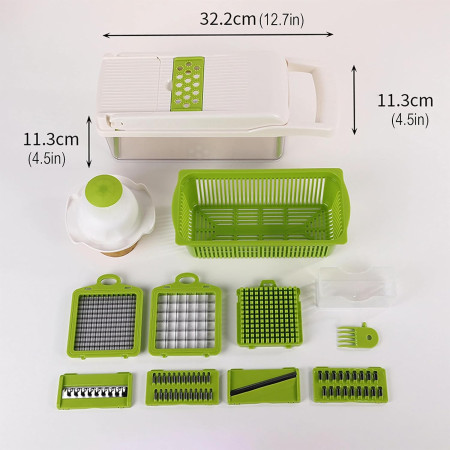 Feliator Multifunctional, Flippy, Razatoare, 8 in 1, pentru Fructe si Legume, 10 Piese, Lame de Inox, Recipient Stocare, Separator Oua, Protectie Mana, ABS, 67.5x38.5x49.5 cm, Verde/Alb