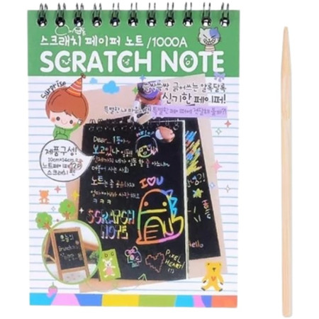 Caiet cu fise razuibile Flippy, DIY Magic Scratch, 12 File, Curcubeu, Creion din Lemn, Cartonase negre, 14.5 x 10 cm, verde