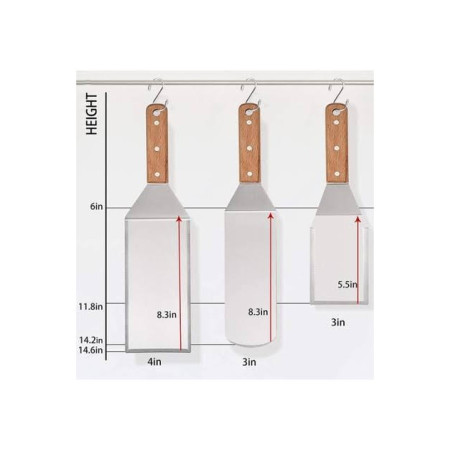 Set 3 spatule pentru gratar Flippy, din metal, margini subtiri, suprafata antiaderenta, rezistente la temperaturi ridicate, maner ergonomic din lemn, 3 forme, agatatoare, gri