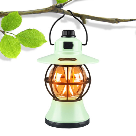 Lampă de camping retro portabilă, Felinar Vintage LED ABS,  Acumulator inclus 1200 mAh, reincarcabila, 3 moduri de iluminare, intensitate reglabila,Lampa portabila pentru cort în aer liber,  Mint