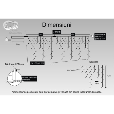 Instalatie Craciun, 7 m, 228 Led-uri ,Franjuri, Alb rece, Flash, Transformator cu telecomanda, Interconectabila, Prelungitor 5 m inclus, Fir Transparent, Flippy