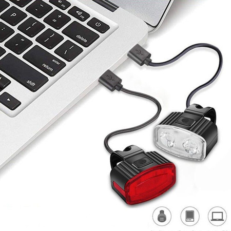 Set far si stop spate LED bicicleta, Flippy, incarcare USB, rezistent la apa, 4 moduri de luminare, Plastic, Alb/Rosu, 10x6x4 cm