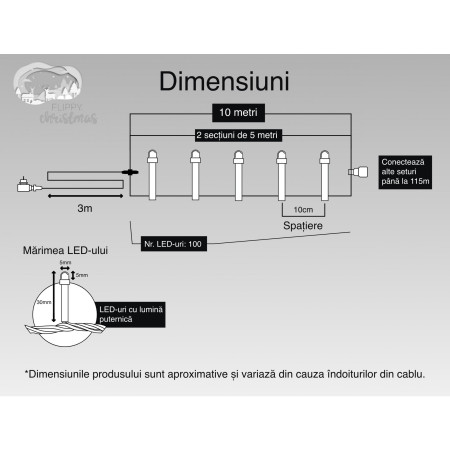 Instalatie Craciun, 10 m, 100 Led-uri ,Liniara, Alb rece, 8 jocuri de lumini, Transformator cu telecomanda, Interconectabila, Prelungitor 3 m inclus, Fir Transparent, Flippy