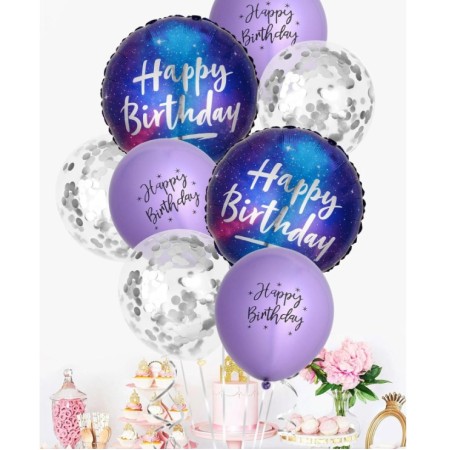 Balon din Folie Metalizata, Flippy, Mini Figurina Rotunda, Model Cer Instelat, Happy Birthday, Tematica Aniversare, 45 cm, Ambalaj Individual, Pai Inclus, Umflare cu Aer sau Heliu, Multicolor