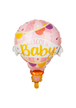 Balon din Folie Metalizata, Flippy, Mini Figurine, Model Balon cu Aer Cald Fetita, Tematica Welcome Baby, 80x62 cm, Ambalaj Individual, Pai Inclus, Umflare cu Aer sau Heliu, Roz