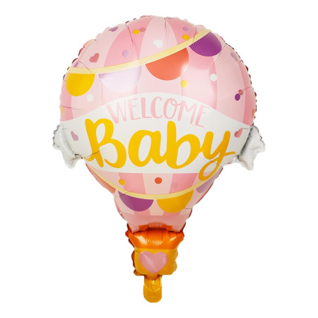 Balon din Folie Metalizata, Flippy, Mini Figurine, Model Balon cu Aer Cald Fetita, Tematica Welcome Baby, 80x62 cm, Ambalaj Individual, Pai Inclus, Umflare cu Aer sau Heliu, Roz