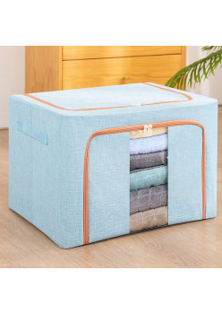 Cutie de Depozitare Pliabila, Flippy, 24 L, din Bumbac si In, 40x30x20 cm, Fereastra Frontala, 2 Usi de Acces cu Fermoar Bidirectional, Cadru Metalic, Suport Baza Stabil din Plastic, Bleu