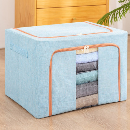 Cutie de Depozitare Pliabila, Flippy, 24 L, din Bumbac si In, 40x30x20 cm, Fereastra Frontala, 2 Usi de Acces cu Fermoar Bidirectional, Cadru Metalic, Suport Baza Stabil din Plastic, Bleu