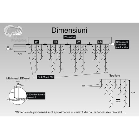 Instalatie Craciun, 20 m, 572 Led-uri ,Franjuri, Rosu / Verde/ Albastru, Flash, Transformator, Interconectabila, Prelungitor 5 m inclus, Fir Alb, Flippy