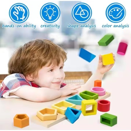 Jucarie Montessori din Lemn, Flippy, Tip Puzzle, cu 5 Forme Asimetrice, 15 Piese, Educativa, Interactiva, Creativa, Model Forme Geometrice, Materiale Non Toxice, pentru Copii peste 2 Ani, Baza 29x6.5 cm, Multicolor