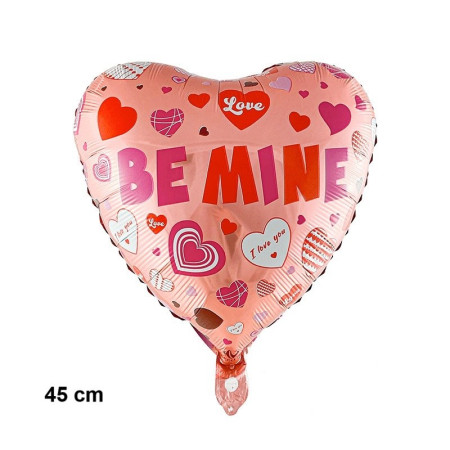 Balon din Folie Metalizata, Flippy, Figurina Inimioara, Model BE MINE, Tematica Iubire, 45 cm, Ambalaj Individual, Pai Inclus, Umflare cu Aer sau Heliu, Rosu