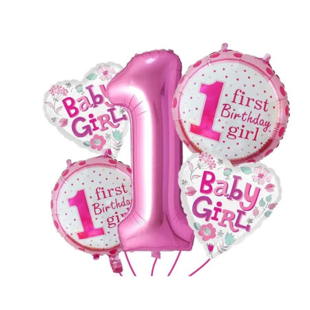 Balon din Folie Metalizata, Flippy, Prima Aniversare, Model First Birthday Girl, 45 cm, Ambalaj Individual, Pai Inclus, Umflare cu Aer sau Heliu, Roz