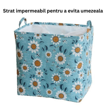 Cos depozitare, Flippy, Capac cu Snur, 175 L, Confectionat din Bumbac si un Strat Impermeabil, 50x50x70 cm, Albastru Deschis, Imprimeu Flori