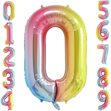 Balon din Folie Metalizata Gradient Flippy, Figurina Cifra, Tema Aniversare 100 cm, Ambalaj Individual, Pai inclus, Umflare cu Aer sau Heliu, Multicolor, Cifra 0