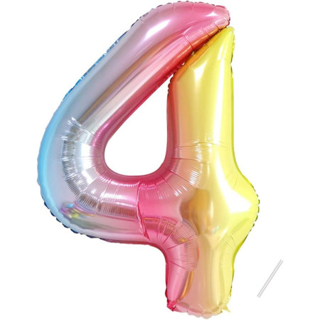 Balon din Folie Metalizata Gradient Flippy, Figurina Cifra, Tema Aniversare 100 cm, Ambalaj Individual, Pai inclus, Umflare cu Aer sau Heliu, Multicolor, Cifra 4