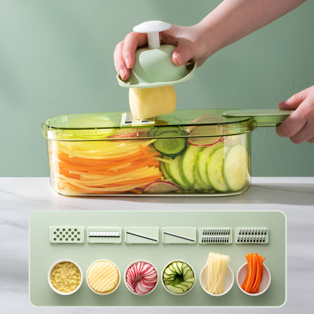 Feliator Multifunctional, Flippy, 6 in 1, pentru Fructe si Legume, 9 Piese, Maner, Lame de Inox, Recipient Stocare, Protectie Mana, ABS, 35x12x9.4 cm, Verde