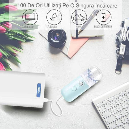 Spray de Hidratare Facială cu Tehnologie Nano, Flippy, Hidratare, Igienizare, Abur Rece, Încărcare USB, Capacitate 30 mL, 10cm, Albastru