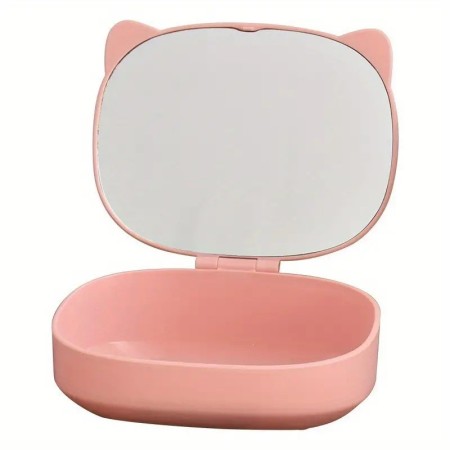 Cutie Organizatoare cu Oglinda, Flippy, 4 Compartimente, pentru Cosmetice si Accesorii, din ABS, 17x13x6 cm, Roz