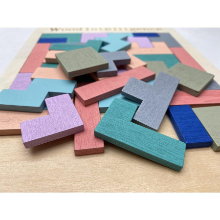 Puzzle Montessori, Flippy, din Lemn, Tip Tetris, +36 Luni, Forme Neregulate, 40 Piese, 26.5 x 17.7 cm, Multicolor Pastelat