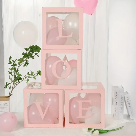 Set 4 Cutii pentru Baloane, Flippy, Model Scris Love, Tematica Iubire, Cuburi Decorative din Plastic, Accesorii pentru Petrecere, 30 x30 cm, Transparente Contur Roz