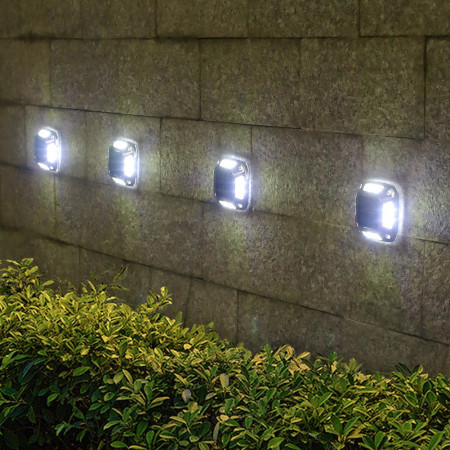 Lampa solara LED pentru gradina Flippy, 8 LED-uri, prindere de perete sau impamantare, IP65, forma patrat, material ABS si Policarbonat, 9 x 9 cm, baterie 1.2V, 600 mah, alb rece