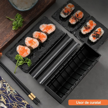 Set ustensile pentru facut sushi Flippy, 10 piese, forma inima inclus, 3 forme clasice, extensibil, finisaj lucios, material ABS, curatare usoara, negru