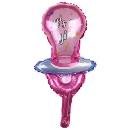 Balon din Folie Metalizata, Flippy, Mini Figurina, Model Suzeta, Tematica Gender Reveal, 23x50 cm, Ambalaj Individual, Pai Inclus, Umflare cu Aer sau Heliu, Roz