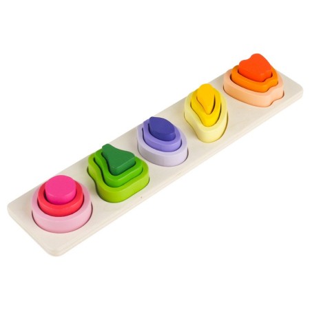 Jucarie Montessori din Lemn, Flippy, Tip Puzzle, cu 5 Forme Asimetrice, 15 Piese, Model Fructe, Educativa, Interactiva, Creativa, Materiale Non Toxice, pentru Copii peste 2 Ani, Baza 29x6.5 cm, Multicolor