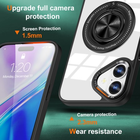 Husa de Protectie TPU, Flippy, pentru iPhone 16 Plus, Anticadere, cu Incarcare Wireless, Tehnologie Magsafe, Inel Magnetic Rotativ cu Functie de Suport, Transparent-Negru