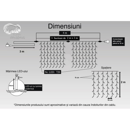 Instalatie Craciun, Tip Perdea, IP44, 6 m x 2 m, 720 LED-uri, Albastru, 8 jocuri de lumini, Transformator cu telecomanda, Interconectabila, Prelungitor 3 m inclus, Fir transparent, Interior/ Exterior, Flippy