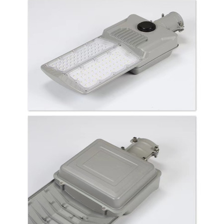 Lampa solara stradala Flippy, pentru curte sau strada, cu doua grile, finisaj mat, rezistent la apa, montare prin fixare, senzor lumina, baterie de litiu, IP65, lumina rece, putere 500W, autonomie 10 ore, 55 x 23 x 9 cm, gri