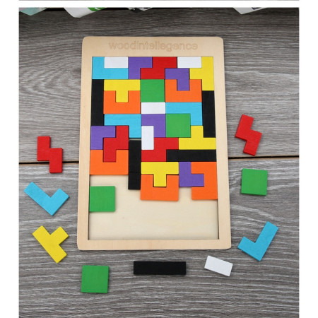 Puzzle Montessori, Flippy, din Lemn, Tip Tetris, +36 Luni, Forme Neregulate, 40 Piese, 26.5 x 17.7 cm, Multicolor