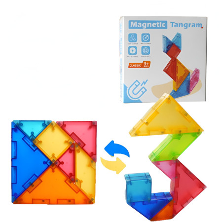 Joc Magnetic Tangram, Flippy, 7 Piese Magnetice, Forme Geometrice, 3 Ani, EVA, ABS, Magnet, 10.5 x 10.5 x 2.2 cm, Multicolor