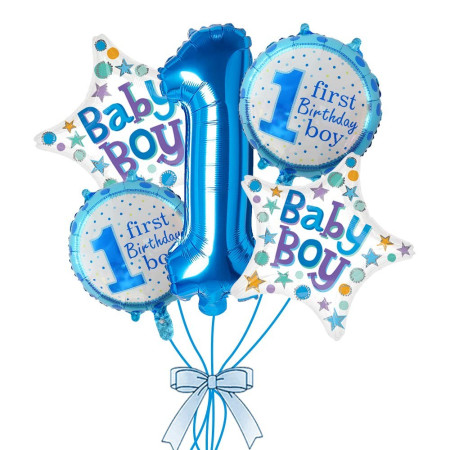 Balon din Folie Metalizata, Flippy, Prima Aniversare, Model First Birthday Boy, 45 cm, Ambalaj Individual, Pai Inclus, Umflare cu Aer sau Heliu, Albastru