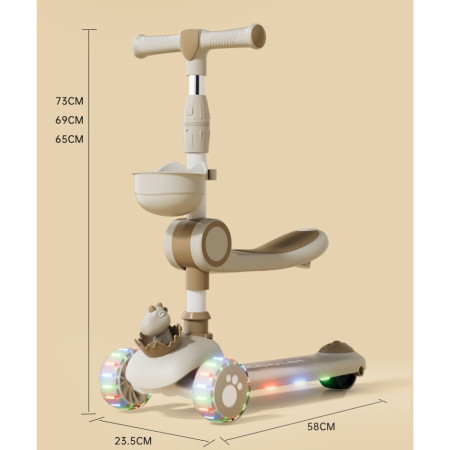 Trotineta Multifunctionala 3 in 1, Flippy, pentru Copii, 1-7 Ani, cu Lumini si Muzica, Reglabil 360, Pliere Usoara, Reglarea Inaltimii, Model Dinozaur, 67-76 x 24 x 55 cm, Alb/Bej