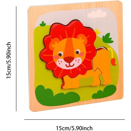 Puzzle Montessori din Lemn pentru Copii, Flippy, 3D, 0-3 Ani, Model Leu, Educativ, Intuitiv, Creativ, 3 Piese, 15x15x0.5 cm, Multicolor