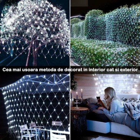 Instalatie Craciun Yoto, Tip Plasa, 1.5 m x 1.5 m, 120 LED-uri, Prelungitor 1.5 m, 8 Jocuri de Lumini, Interconectabila, Fir transparent, Interior/Exterior, Alb Rece