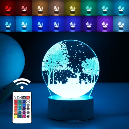 Lampa LED decorativa, Flippy, 3D, Peisaj de iarna, cu telecomanda, doua moduri de alimentare USB si baterii, 20 cm inaltime, din material acril si lumina multicolora, alb