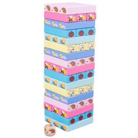 Joc de Societate, Flippy, pentru Copii, din Lemn, Interactiv, Distractiv, Jenga Stack High Blocks, cu Zar, 51 de Piese Animate, 24.5x18x5 cm, Multicolor