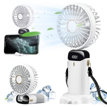 Ventilator Ultra Portabil cu Aromaterapie, Flippy, 3 in 1, de Mana, de Birou, de Gat, 5 Trepte de Viteza, Incarcare USB, Autonomie 12h, Pliabil, cu Ecran LCD, Alb