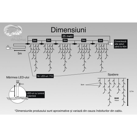 Instalatie Craciun, 25 m, 715 Led-uri ,Franjuri, Rosu / Verde/ Albastru, Flash, Transformator cu telecomanda, Interconectabila, Prelungitor 5 m inclus, Fir Alb, Flippy