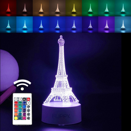 Lampa LED decorativa, Flippy, 3D, Turnul Eiffel, din material acril si lumina multicolora, alb