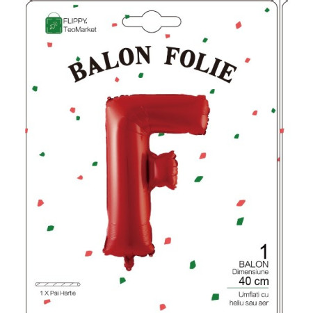 Balon Folie Metalizata Litera F, Flippy, 40 cm, Umflati cu Heliu sau Aer, Ambalaj Individual, Pai inclus, Rosu