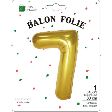 Balon din Folie Metalizata Flippy, Figurina Cifra, Tema Aniversare 80 cm, Ambalaj Individual, Pai inclus, Umflare cu Aer sau Heliu, Auriu, Cifra 7