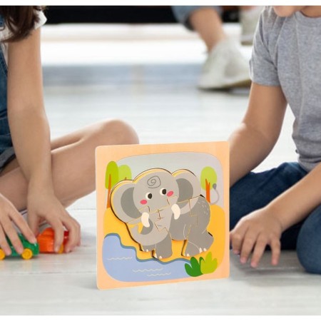 Puzzle Montessori din Lemn pentru Copii, Flippy, 3D, 0-3 Ani, Model Elefant, Educativ, Intuitiv, Creativ, 4 Piese, 15x15x0.5 cm, Multicolor