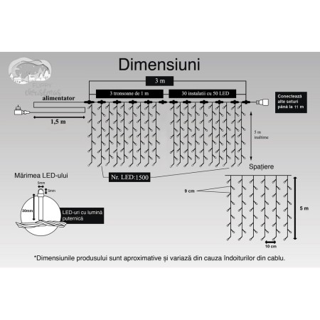 Instalatie Craciun Profesionala de Exterior IP65, Tip Perdea, 3m x 5m, 1500 Led-uri Mari, Alb rece, cu flash, Alimentator 1,5 m, Interconectabila, Fir negru, Flippy